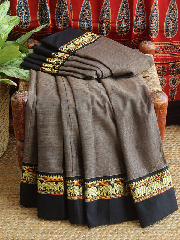 Beige and Black Narayanpet Mercerized Cotton Saree