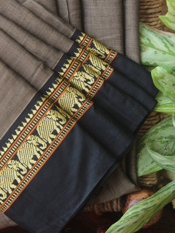 Beige and Black Narayanpet Mercerized Cotton Saree