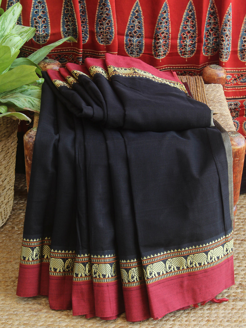 Black Narayanpet Mercerized Cotton Saree