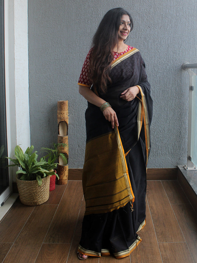 Black Narayanpet Mercerized Cotton Saree