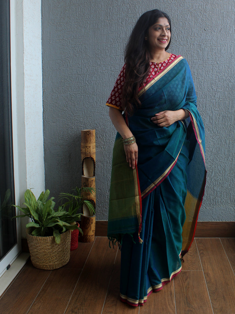 Teal Narayanpet Mercerized Cotton Saree