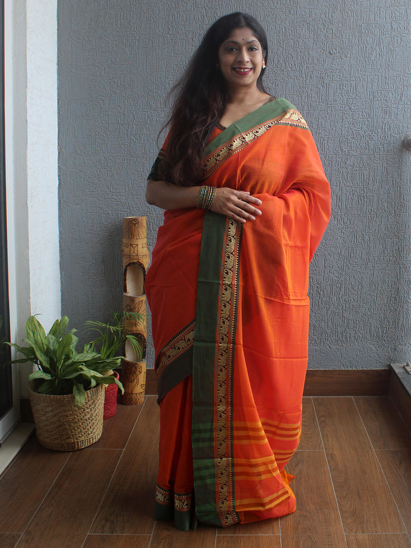 Orange Narayanpet Mercerized Cotton Saree