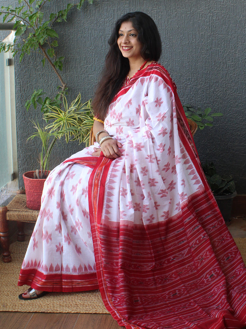 White Odisha Ikkat Handloom Cotton Saree