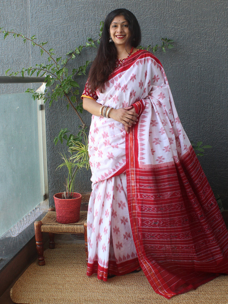 White Odisha Ikkat Handloom Cotton Saree