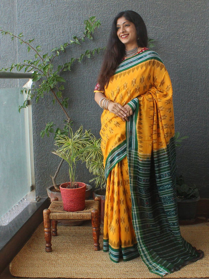 Yellow Odisha Ikkat Handloom Cotton Saree