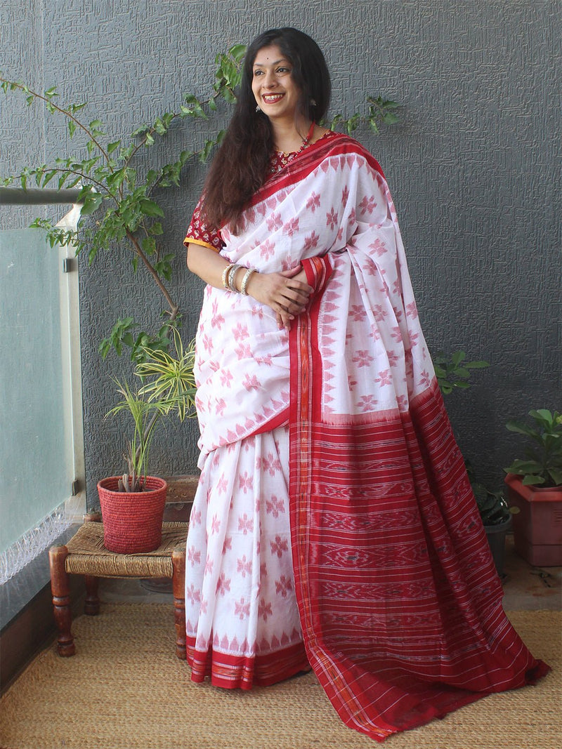 White Odisha Ikkat Handloom Cotton Saree