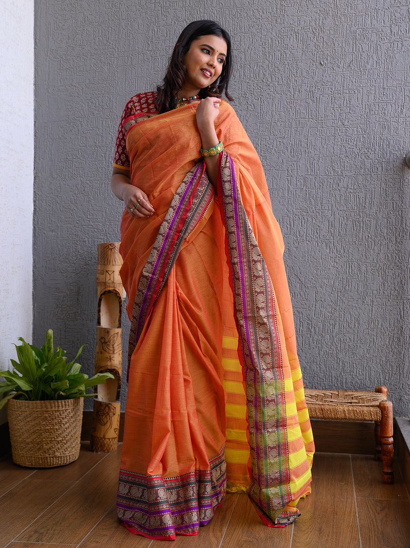 Orange Narayanpet Mercerized Cotton Saree