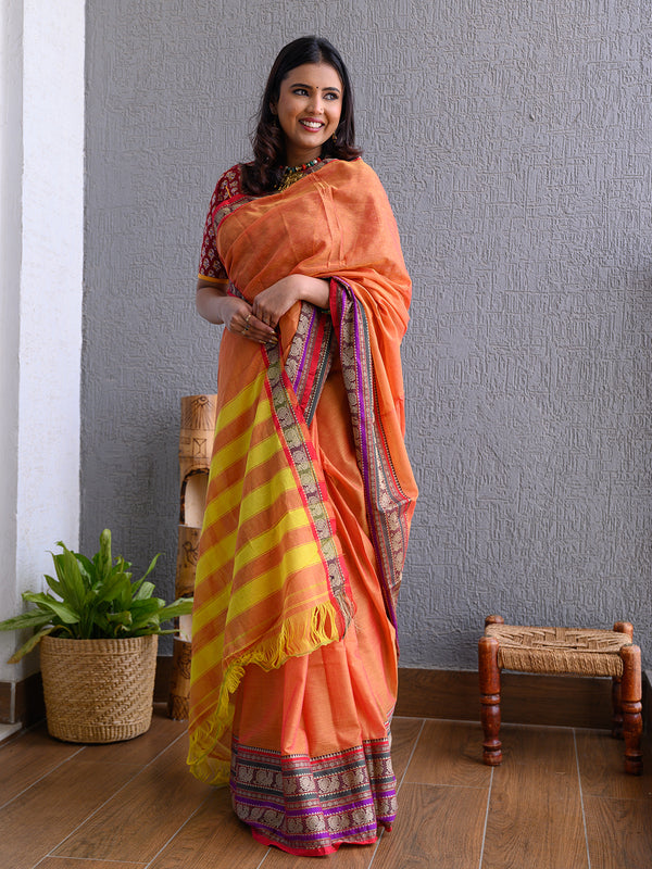 Orange Narayanpet Mercerized Cotton Saree