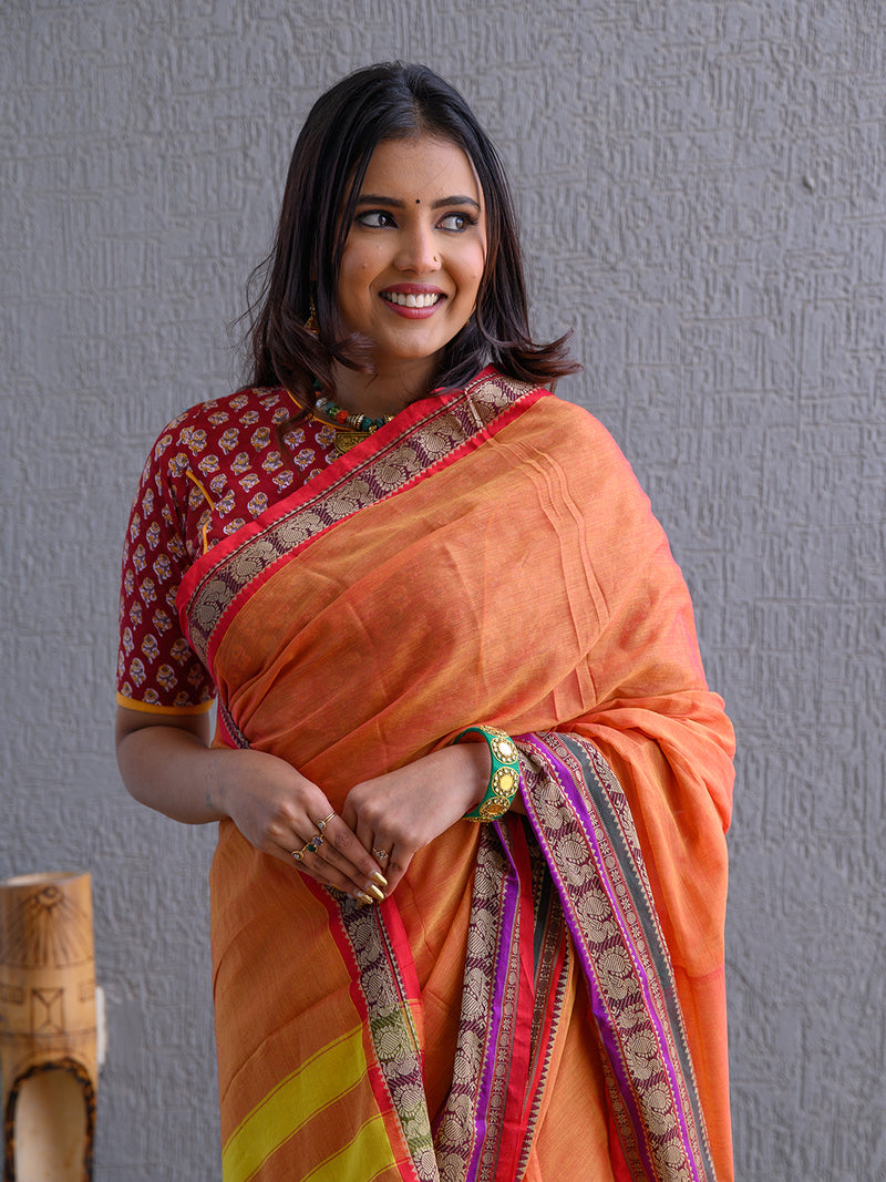 Orange Narayanpet Mercerized Cotton Saree