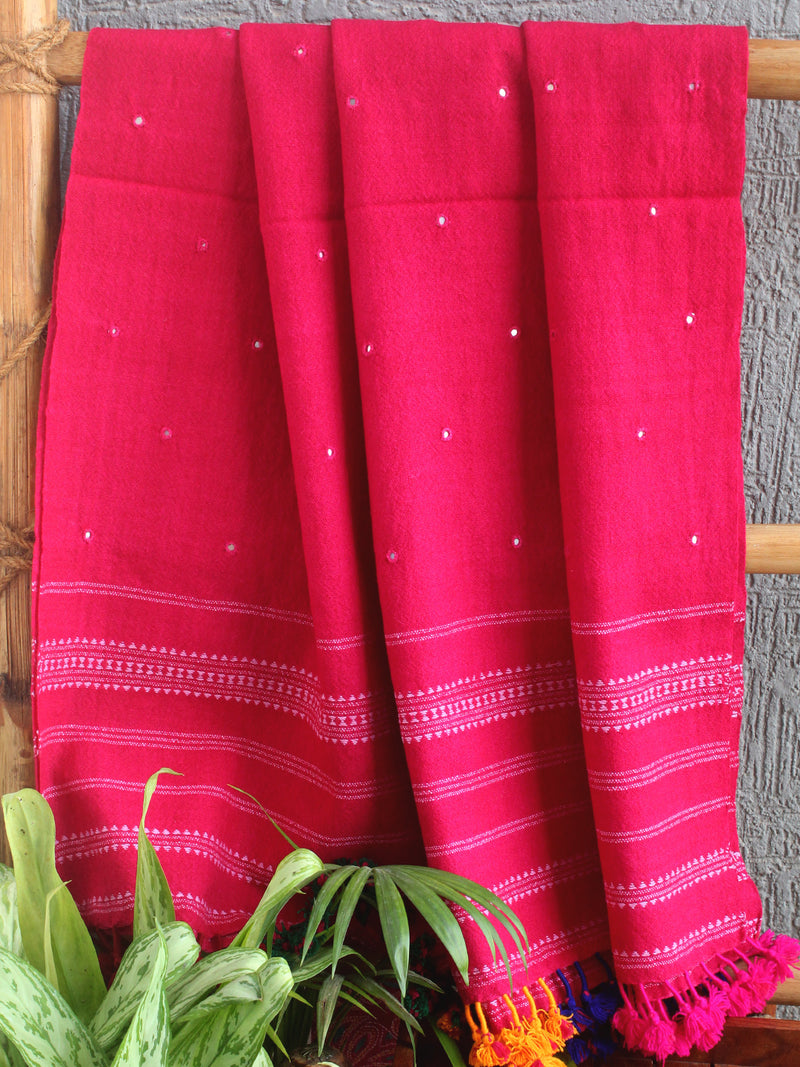 Pink Bhujodi Desi Wool Shawl With Mirror Work