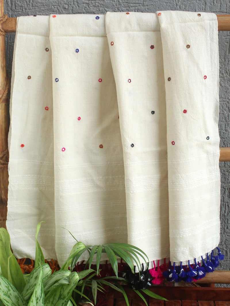 Off-White Bhujodi Desi Wool Shawl With Mirror Work