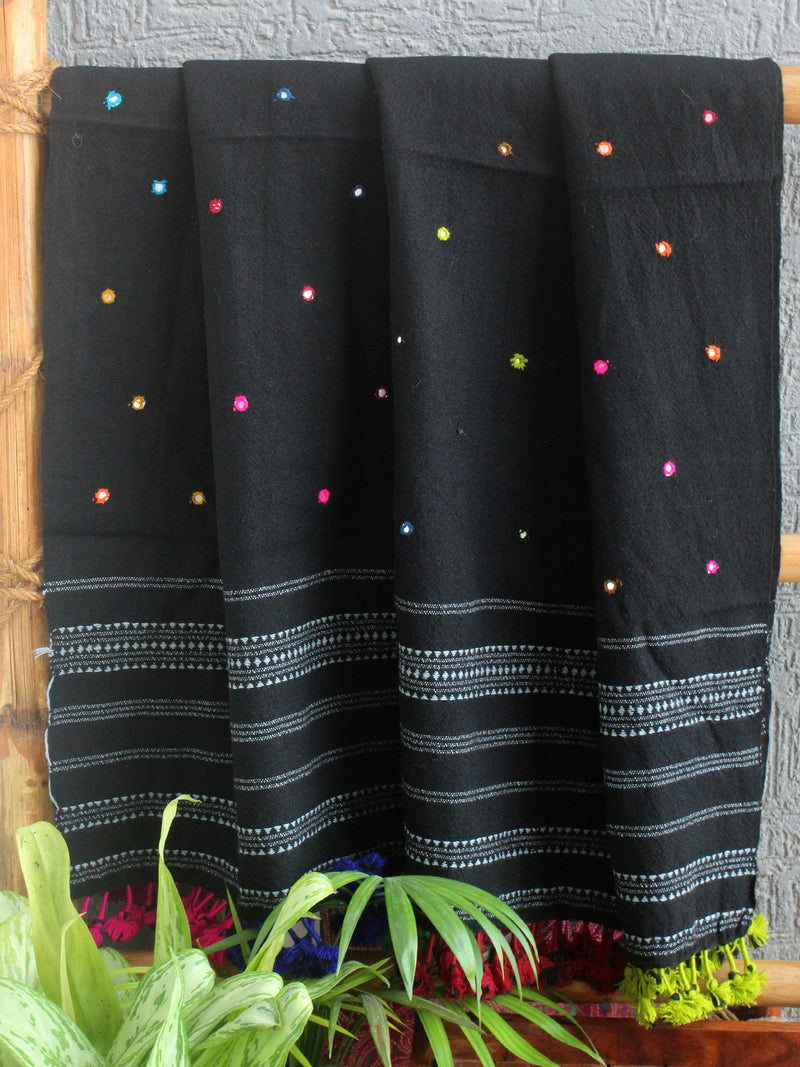 Black Bhujodi Desi Wool Shawl With Mirror Work