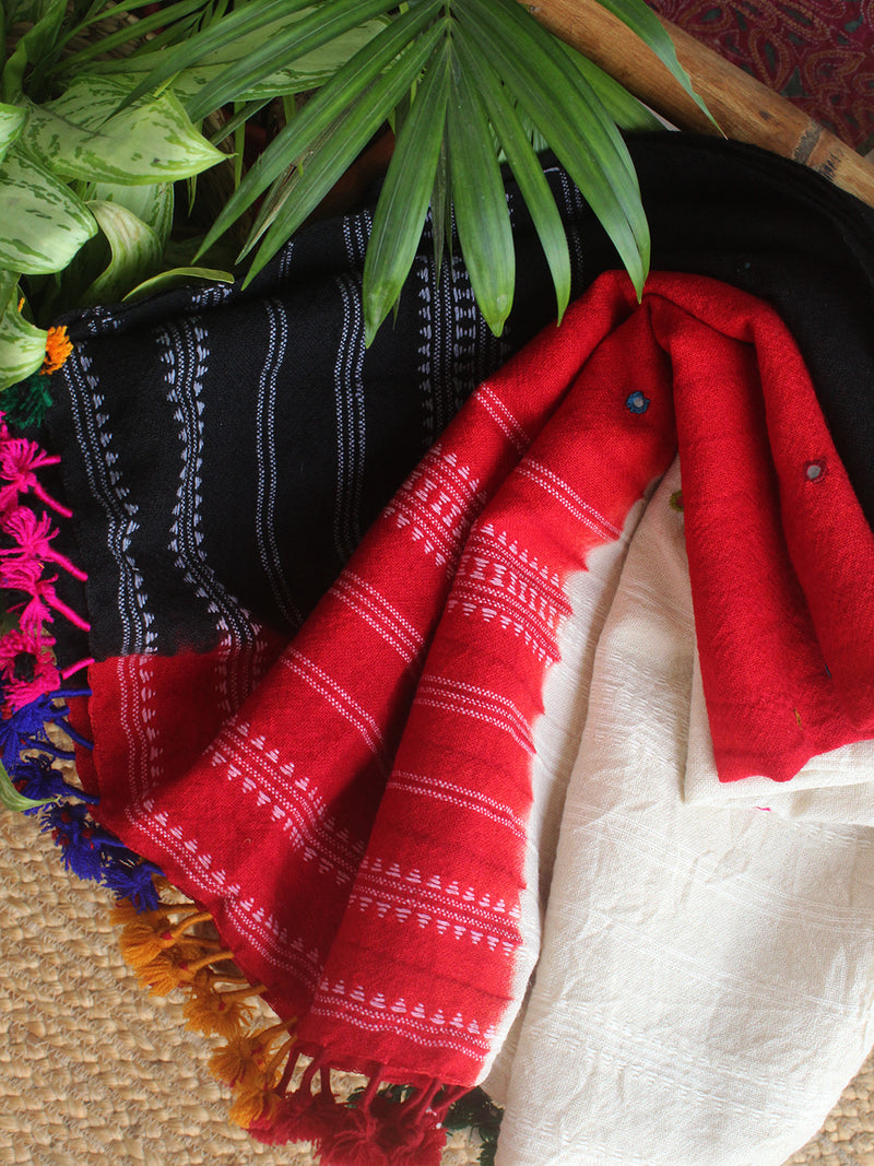 Red, Black and White Bhujodi Desi Wool Shawl With Mirror Work