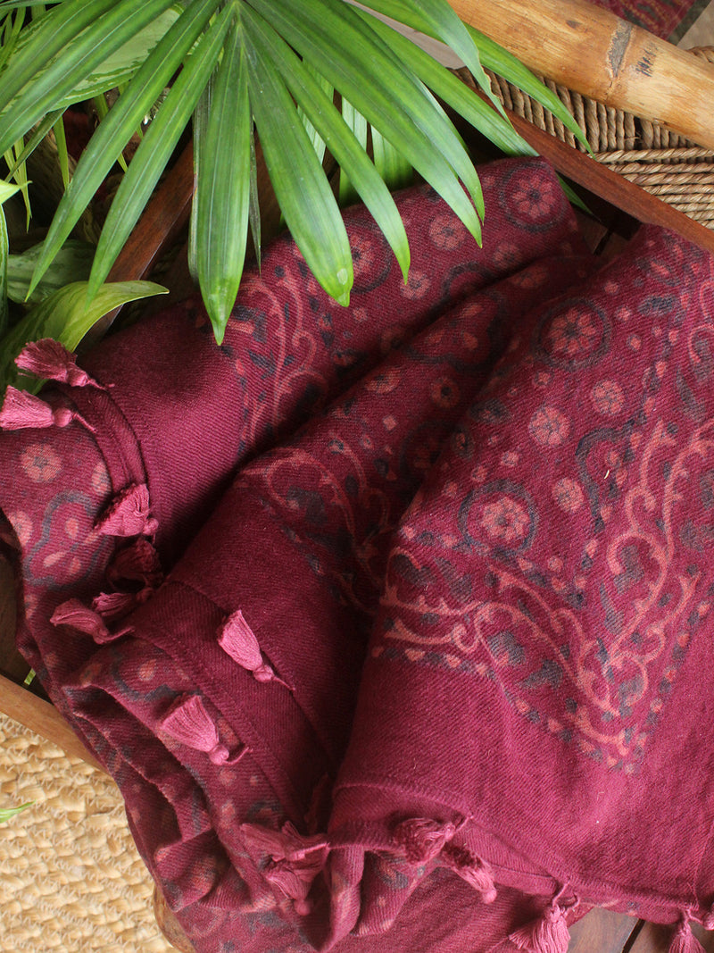 Maroon Ajrakh Hand Block Printed Handloom Shawl