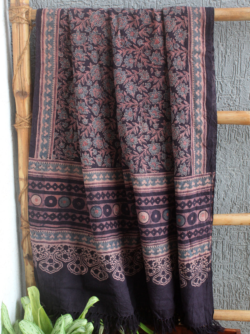 Black Ajrakh Hand Block Printed Handloom Pure Wool Dupatta