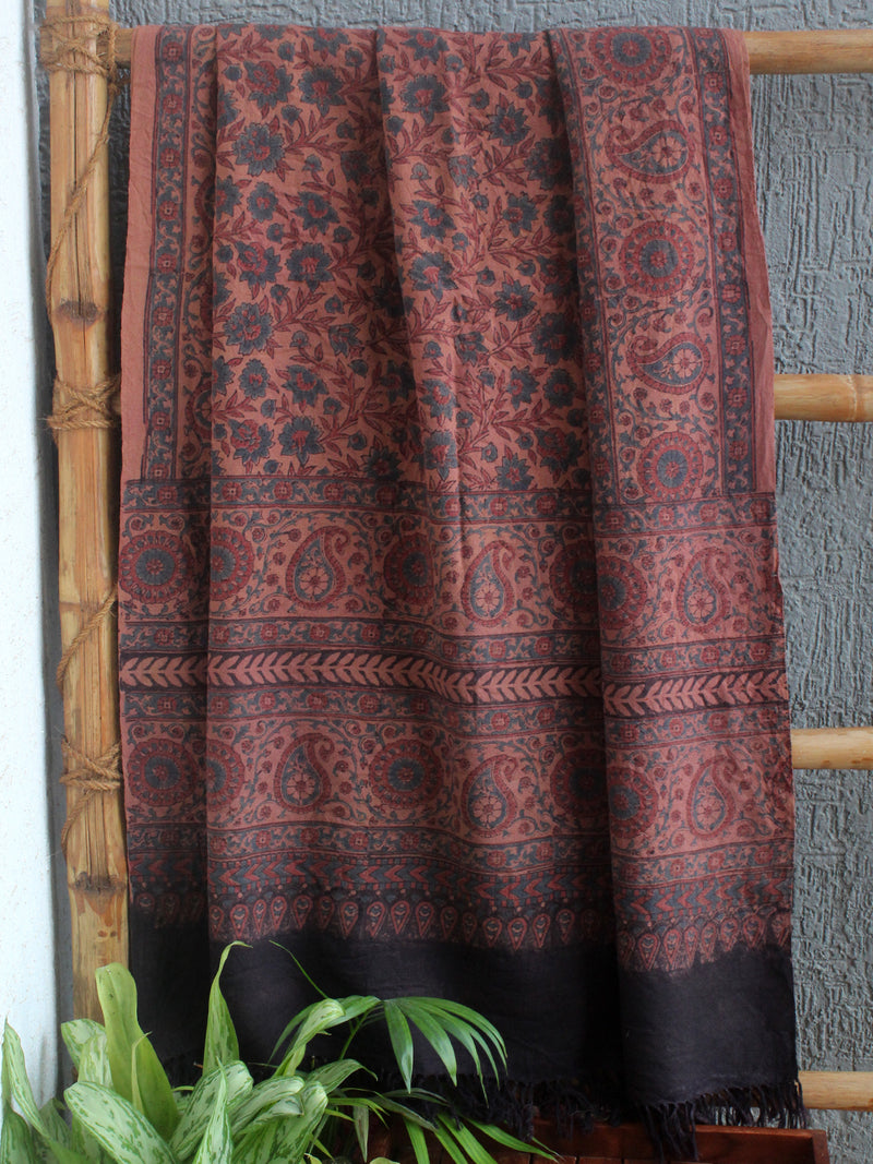 Peach Ajrakh Hand Block Printed Handloom Pure Wool Dupatta