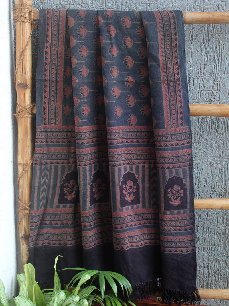 Indigo Ajrakh Hand Block Printed Handloom Pure Wool Dupatta