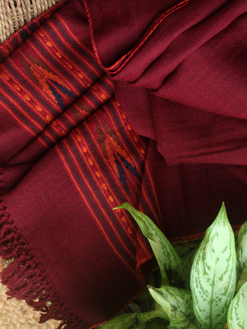 Maroon Handloom Pure Wool Kullu Shawl