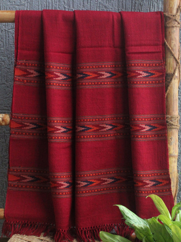 Maroon Handloom Pure Wool Triple Border Kullu Shawl