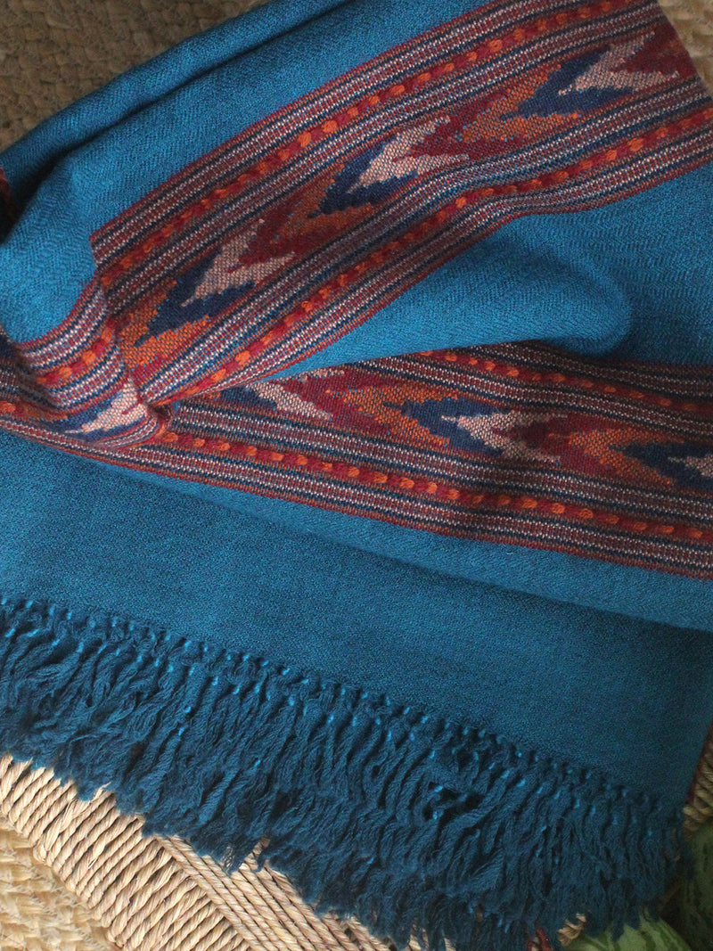 Blue Handloom Pure Wool Triple Border Kullu Shawl