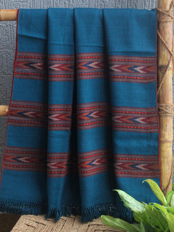 Blue Handloom Pure Wool Triple Border Kullu Shawl