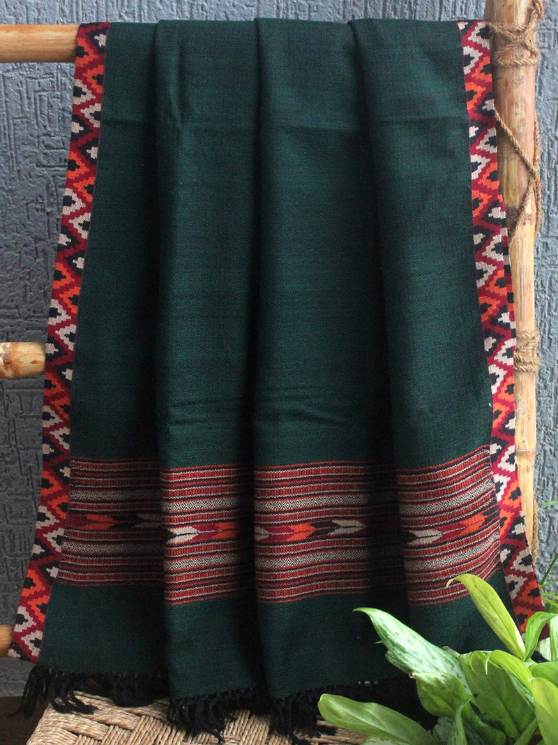 Green Handloom Pure Wool Woven Border Kullu Shawl