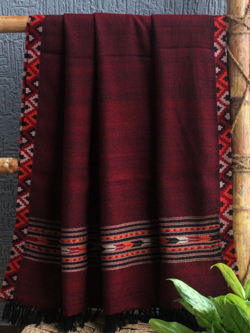 Maroon Handloom Pure Wool Woven Border Kullu Shawl