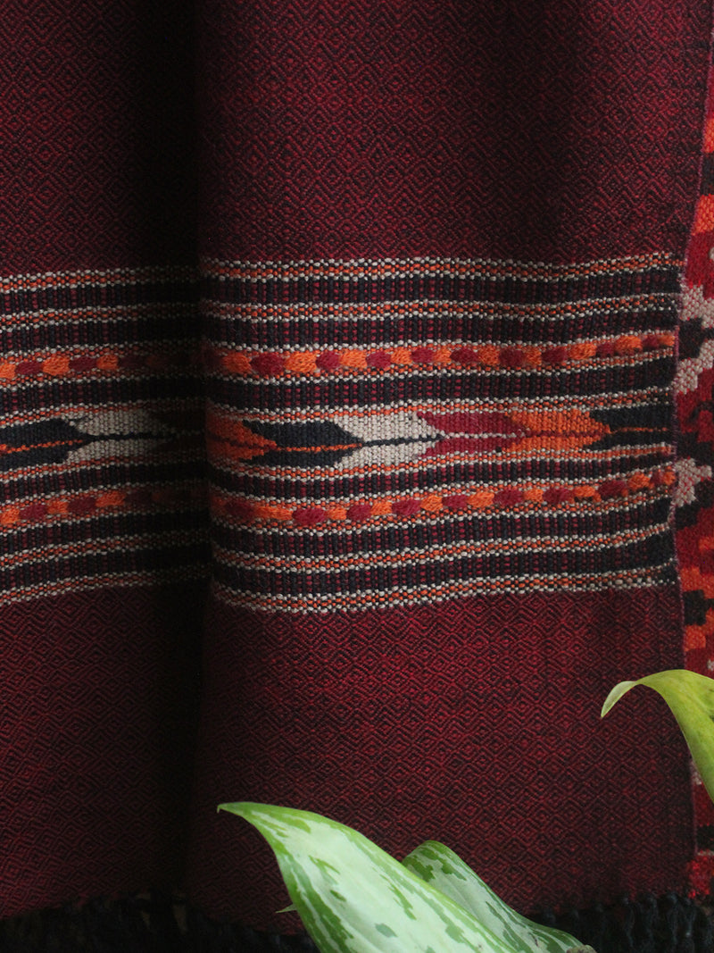 Maroon Handloom Pure Wool Woven Border Kullu Shawl