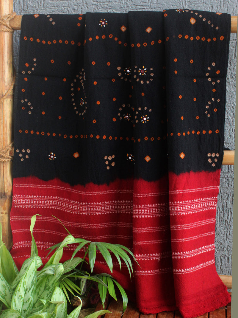 Black and Red Bandhej Bagida Handloom Wool Shawl