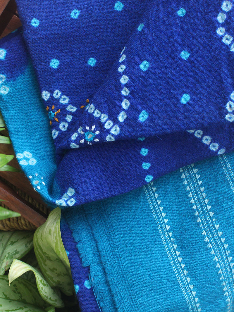 Blue Bandhej Bagida Handloom Wool Shawl