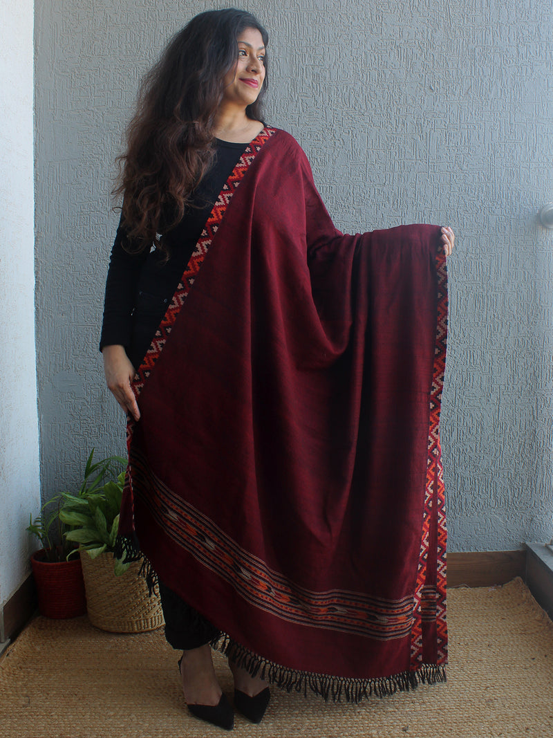 Maroon Handloom Pure Wool Woven Border Kullu Shawl