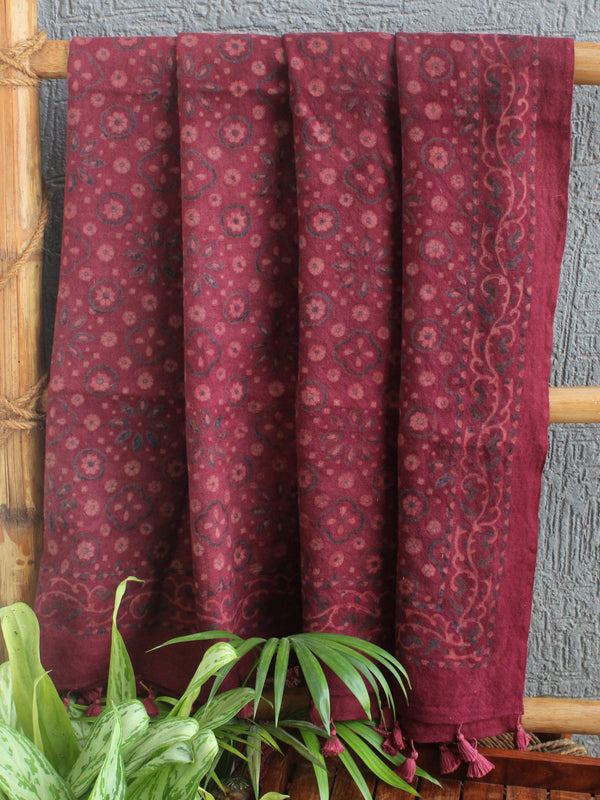 Maroon Ajrakh Hand Block Printed Handloom Shawl