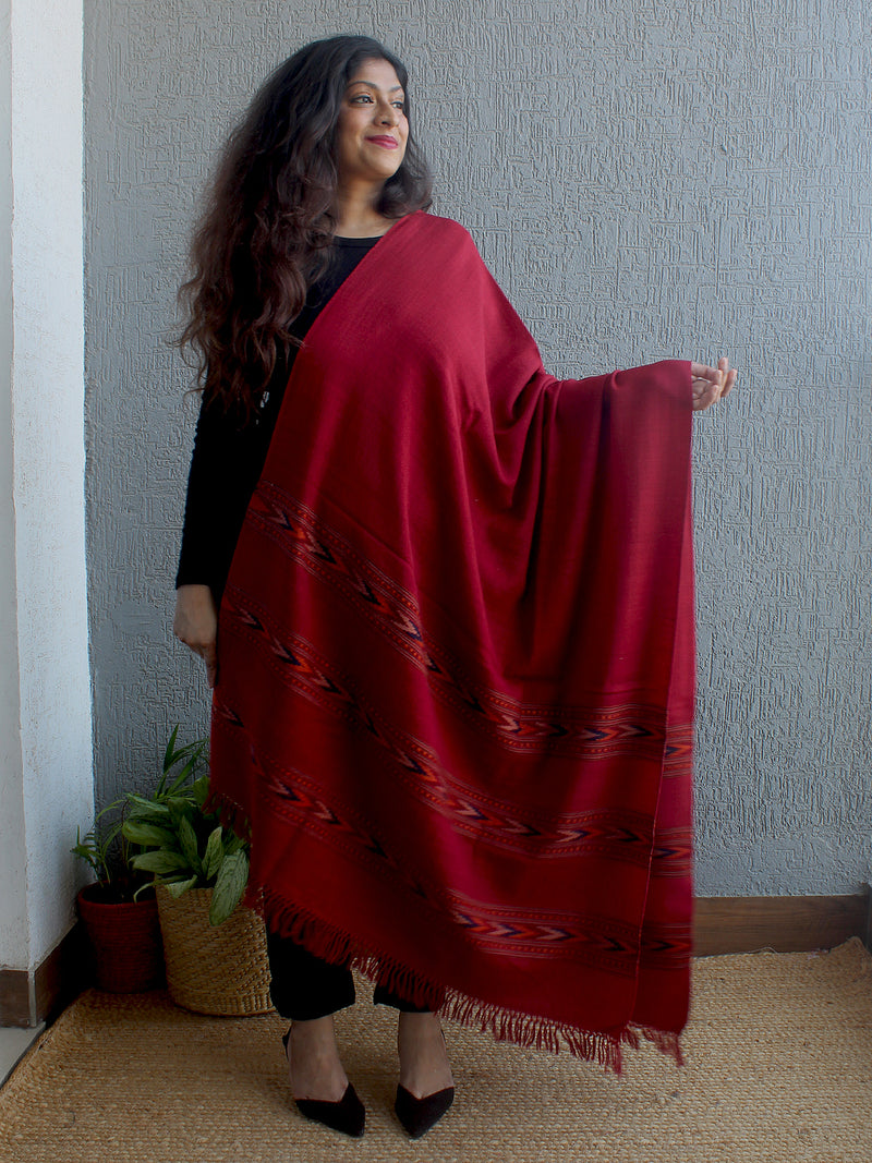 Maroon Handloom Pure Wool Triple Border Kullu Shawl