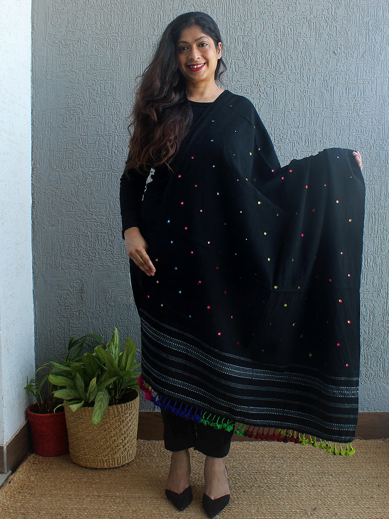 Black Bhujodi Desi Wool Shawl With Mirror Work