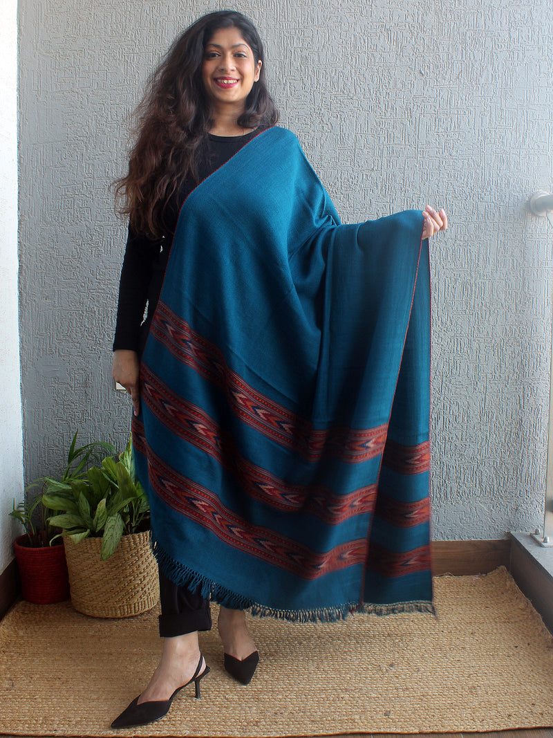 Blue Handloom Pure Wool Triple Border Kullu Shawl