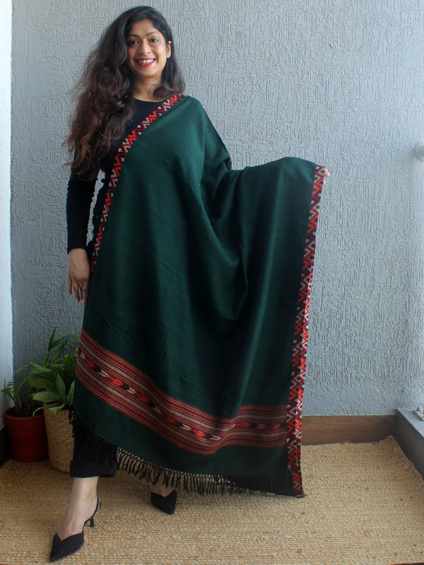 Green Handloom Pure Wool Woven Border Kullu Shawl