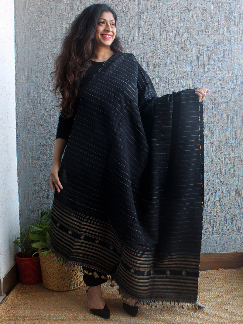 Black Bhujodi Handloom Tussar Silk and Merino Wool Shawl