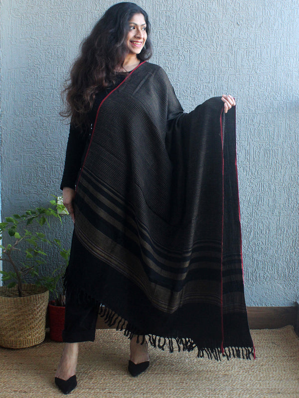 Demure Strength | Black and Beige Striped Handloom Merino Wool Kumaoni Shawl