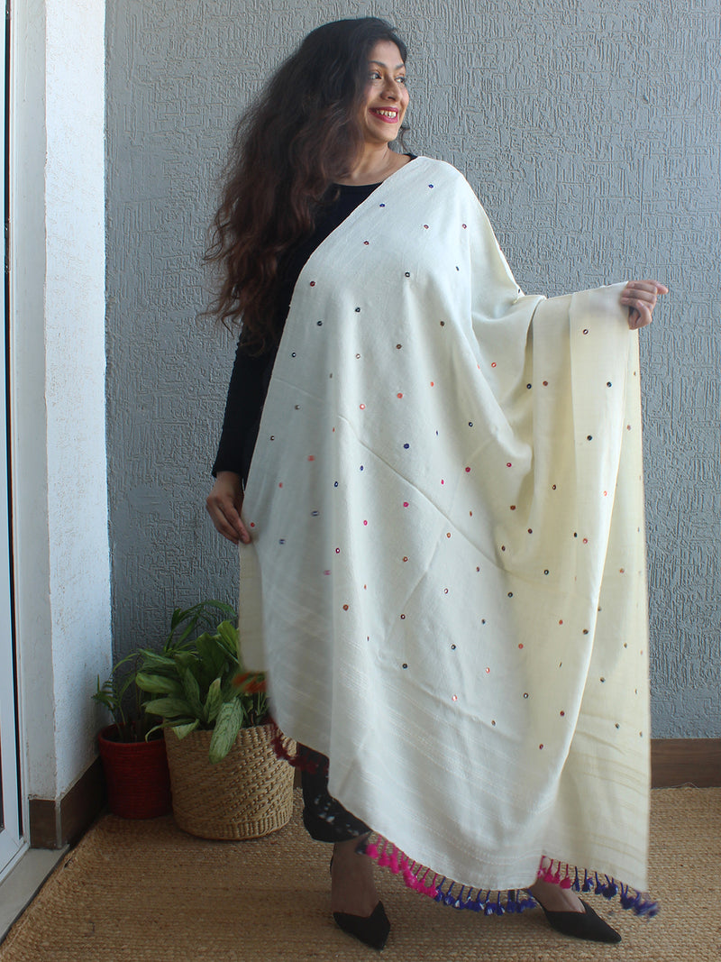 Off-White Bhujodi Desi Wool Shawl With Mirror Work