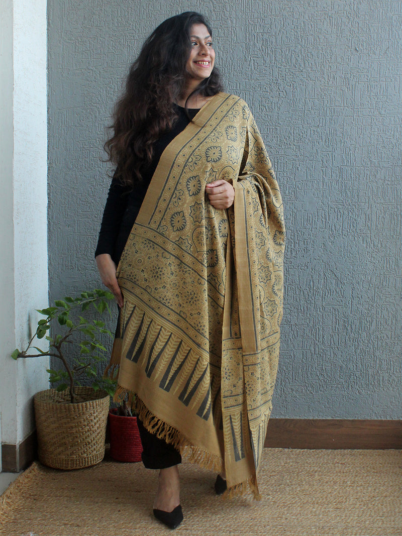 Beige Ajrakh Hand Block Printed Desi Wool Shawl