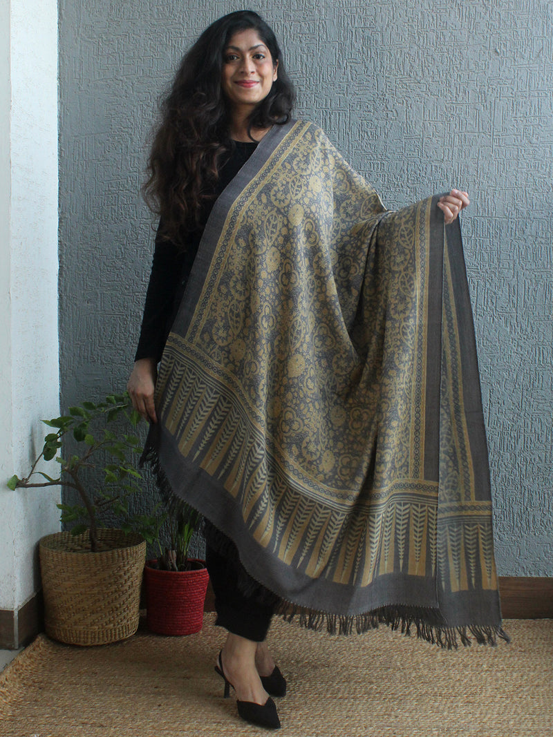 Grey Ajrakh Hand Block Printed Desi Wool Shawl