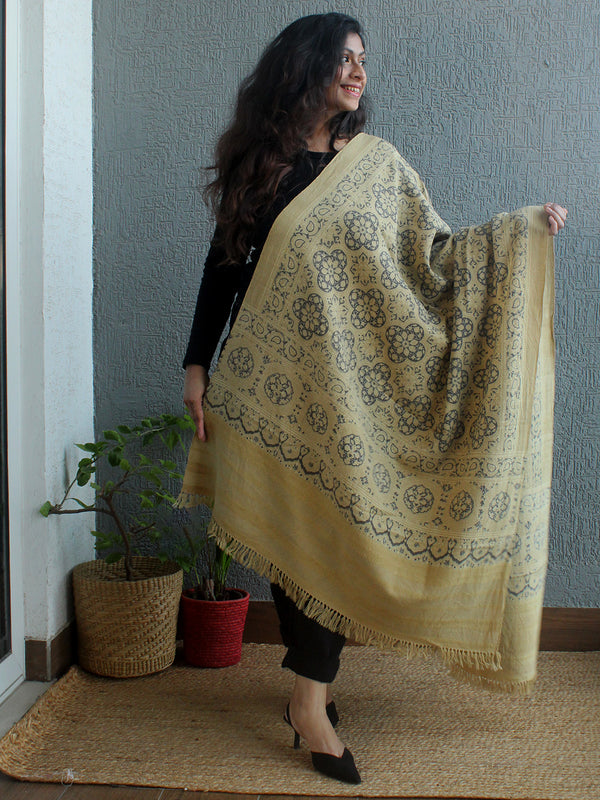 Beige Ajrakh Hand Block Printed Desi Wool Shawl