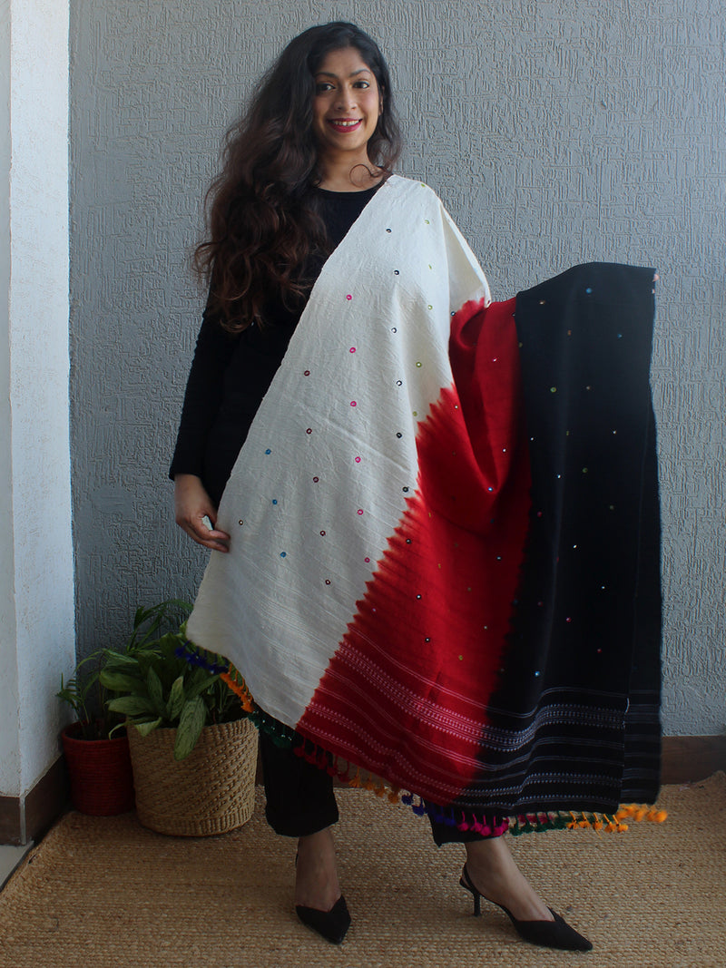 Red, Black and White Bhujodi Desi Wool Shawl With Mirror Work