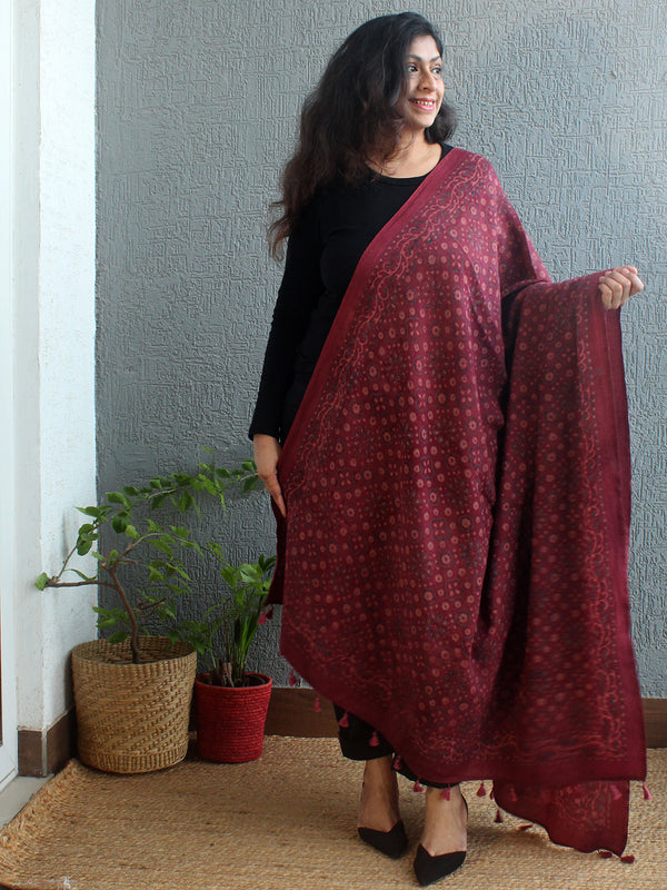 Maroon Ajrakh Hand Block Printed Handloom Shawl