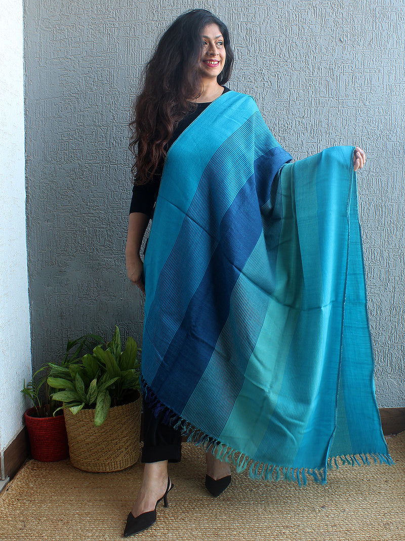 Ocean | Blue multi-toned Striped Handloom Merino Wool Kumaoni Shawl