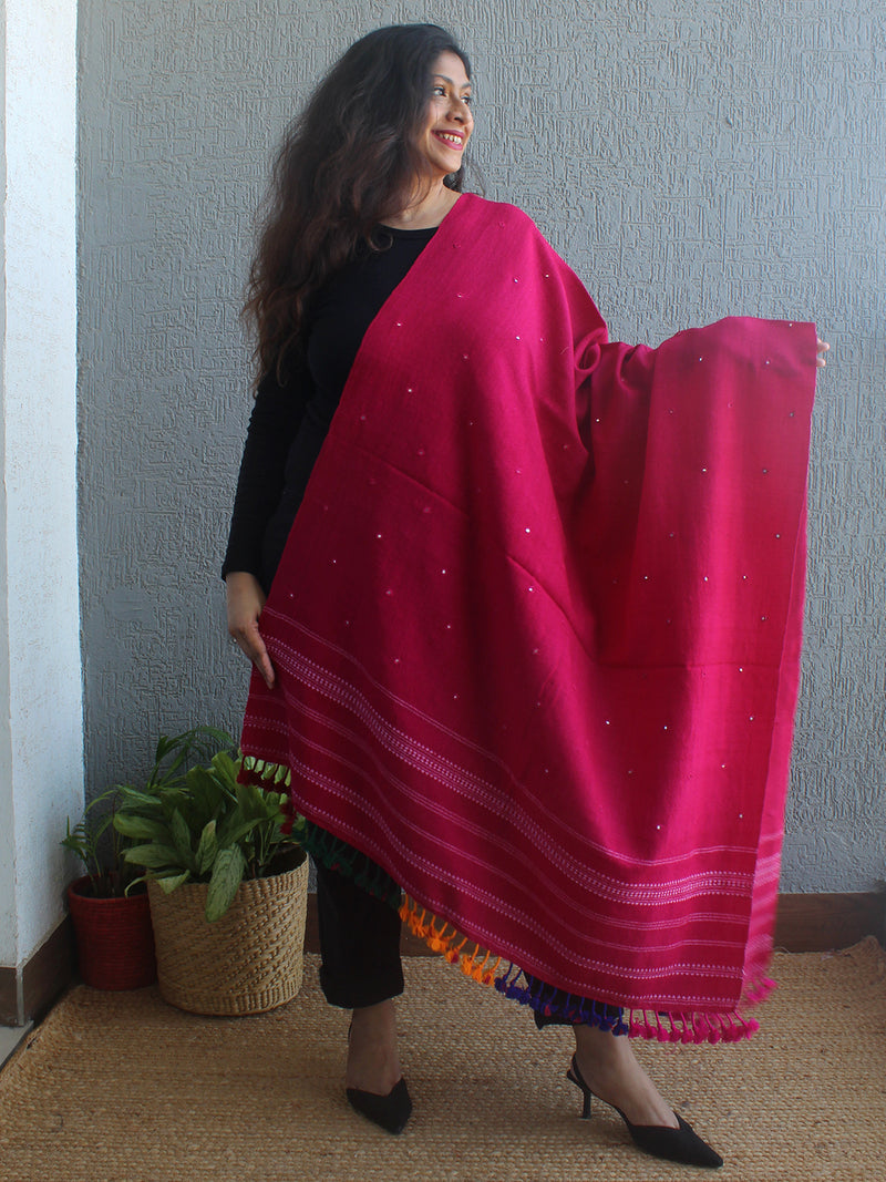 Pink Bhujodi Desi Wool Shawl With Mirror Work