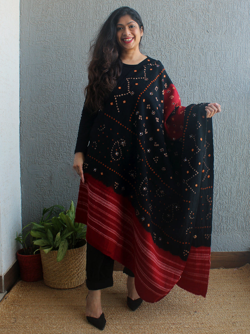 Black and Red Bandhej Bagida Handloom Wool Shawl