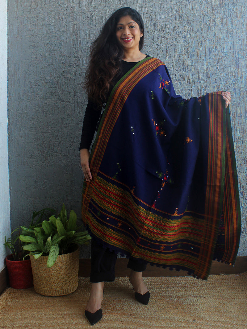 Navy Blue Bhujodi Handloom Acrylic Wool Shawl