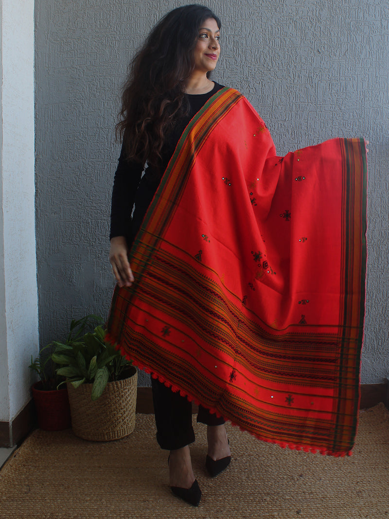 Red Bhujodi Handloom Acrylic Wool Shawl