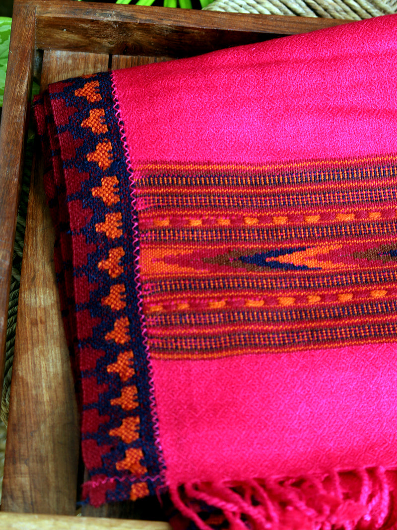 Fuscia Pink Woollen Handloom Kinnauri Stole with Geometric Border